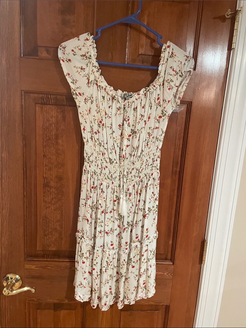 J for Justify Cream Floral Shirred Midi Dress with Red & Green Accents